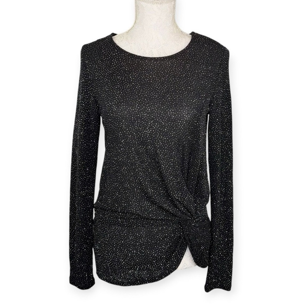 Karen Kane Twist Front Knot Black Sparkling Liquid Knit Top Womens Sz S EUC